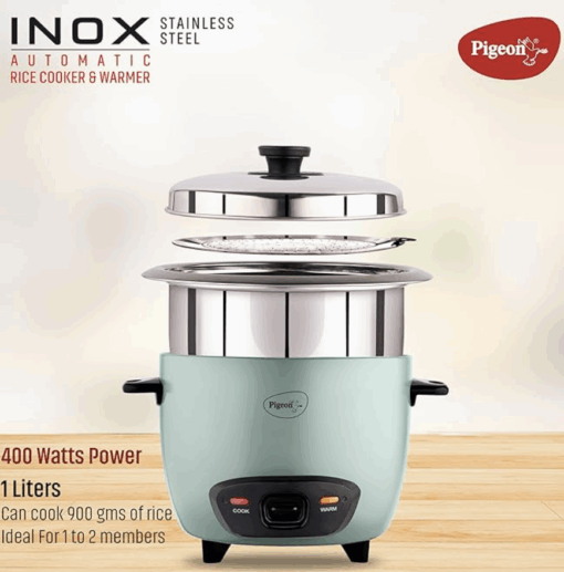 Pigeon Inox Rice Cooker with Double pot, 1 litres | Stainless Steel Lid | 400 Watts | 2 Steel Cooking Pot | Measuring Cup | Spatula | Energy Efficient Cooking - Image 2